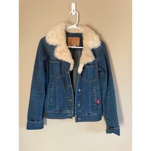Hollister Womens Denim Trucker Jacket Faux Fur Collar Medium Wash Blue Small